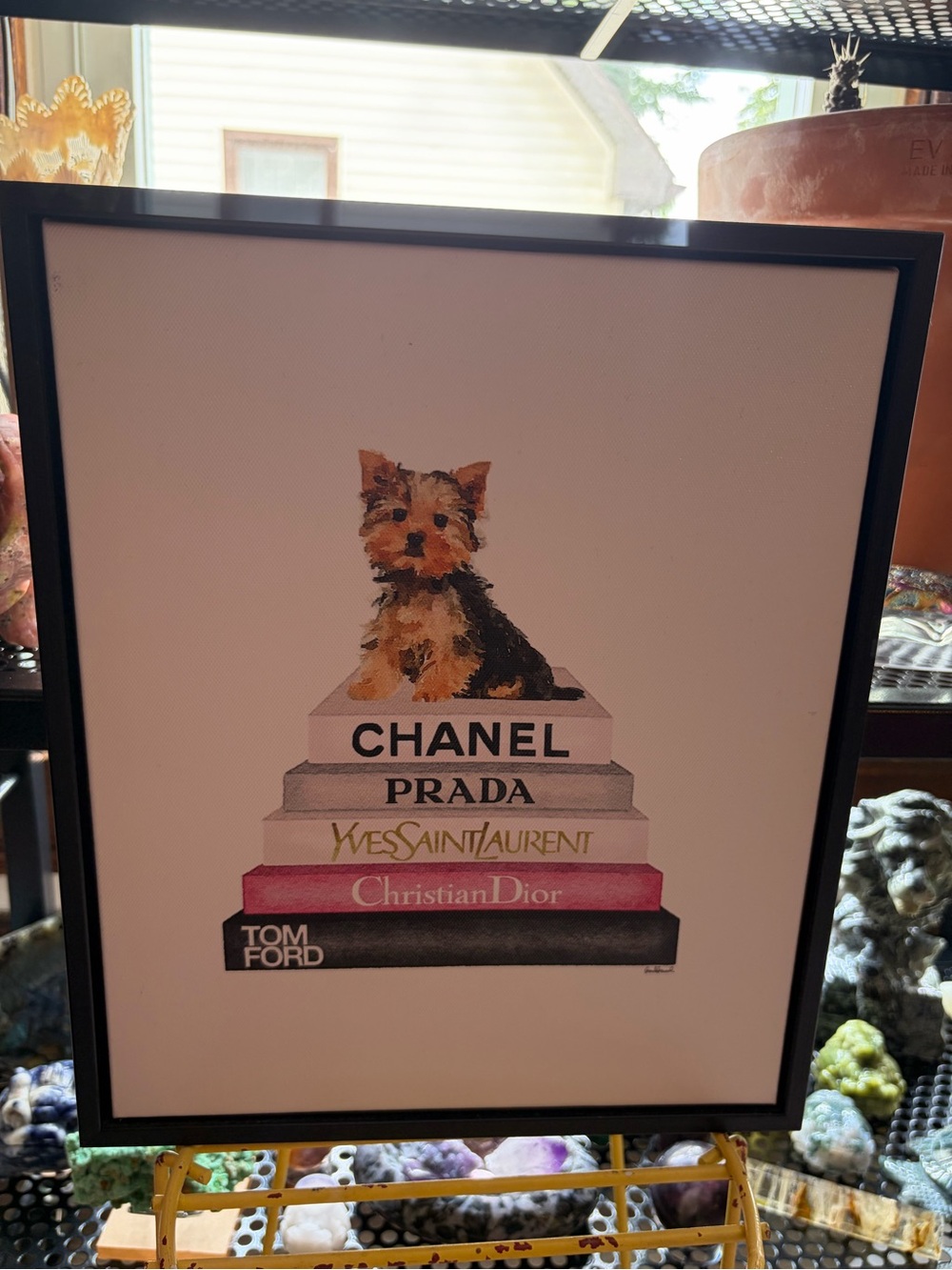 Designer Book Stack Art Print with Yorkie Illustration
